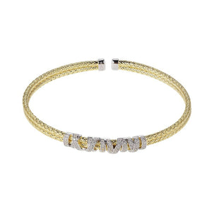 Charles Garnier Sterling Silver Double 2mm Mesh Cuff with CZ 2 Tone 18K Yellow Gold and Rhodium Finish