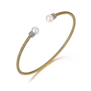 Charles Garnier Sterling Silver 2mm Mesh Cuff with Freshwater Pearl and CZ 2 Tone 18K Yellow Gold and Rhodium Finish