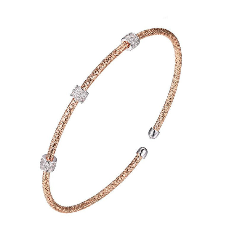 Charles Garnier Sterling Silver 2mm Mesh Cuff with CZ 2 Tone Rose Gold and Rhodium Finish