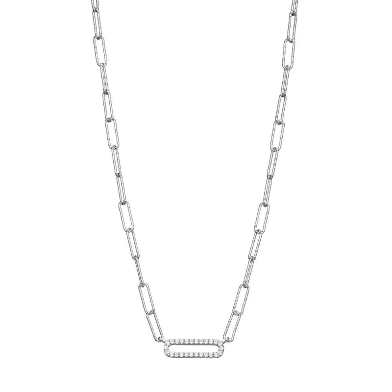 Charles Garnier Sterling Silver Necklace made with Diamond Cut Paperclip Chain (3mm) and CZ Link (16x5mm) in Center