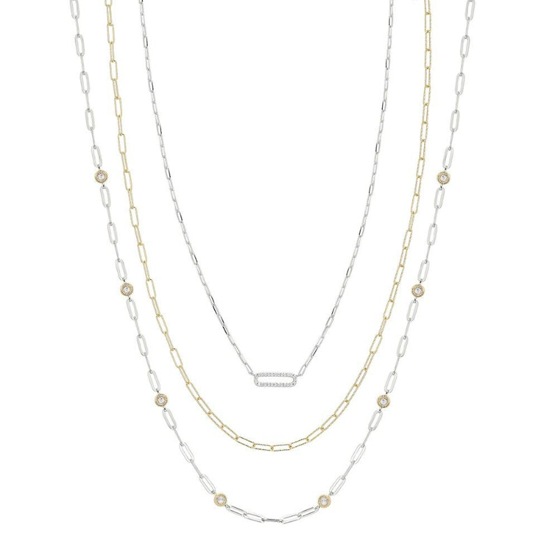 Charles Garnier Sterling Silver 3 Layered Necklace made with Paperclip Chain and CZ Measures 17'' 19'' and 21'' Long