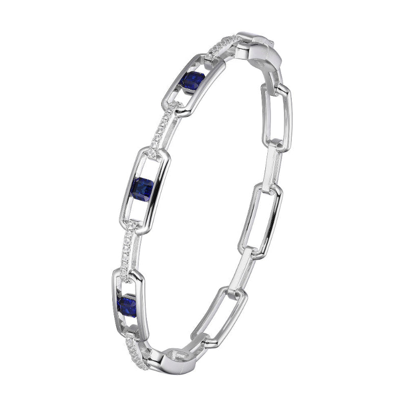Charles Garnier Sterling Silver Hinged Paperclip Bangle with Lab-Created Blue Sapphire (3pcs Square Shape 4X4mm) and Lab-Created White Sapphire