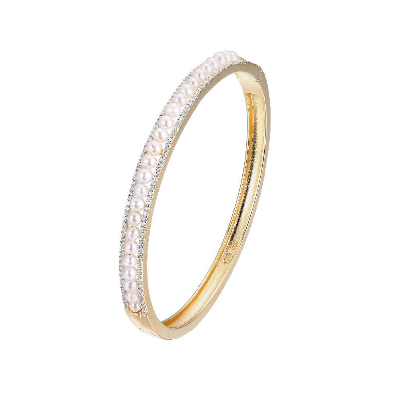Charles Garnier Sterling Silver Hinged Bangle made with Freshwater Pearls (2.5-3mm) and CZ 2 Tone 18K Yellow Gold and Rhodium Finish