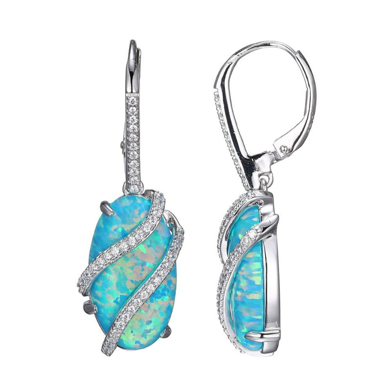 Charles Garnier Sterling Silver Earrings with Synthetic Blue Opals (Stone Size 18x1mm) and CZ Rhodium Finish