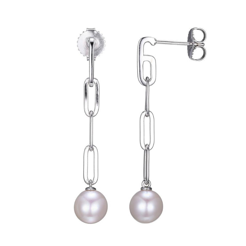 Charles Garnier Sterling Silver Earrings made with Paperclip Chain (3mm) and Freshwater Pearls (size 7-8mm) Post Back Rhodium Finish