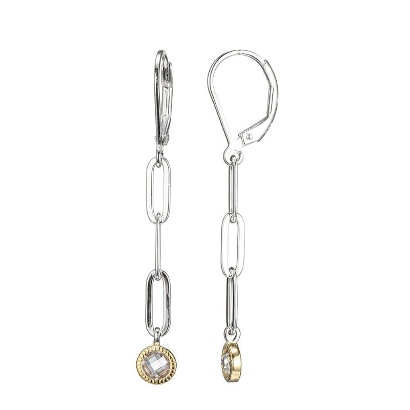 Charles Garnier Sterling Silver Drop Earrings made with Paperclip Chain (3mm) and 2 CZ (4mm) Level Back 2 Tone