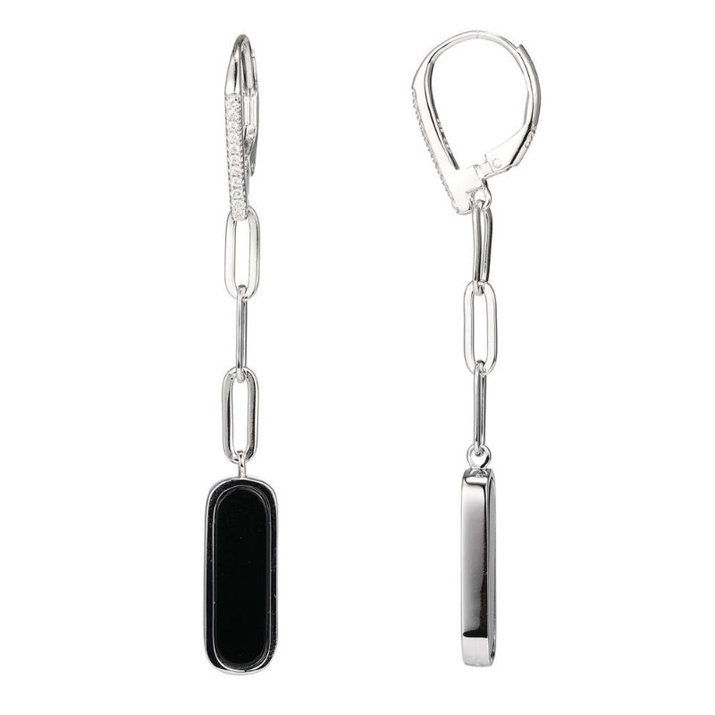 Charles Garnier Sterling Silver Earrings made with Paperclip Chain (3mm) and Black Onyx (17x5mm) CZ Lever Back Rhodium Finish
