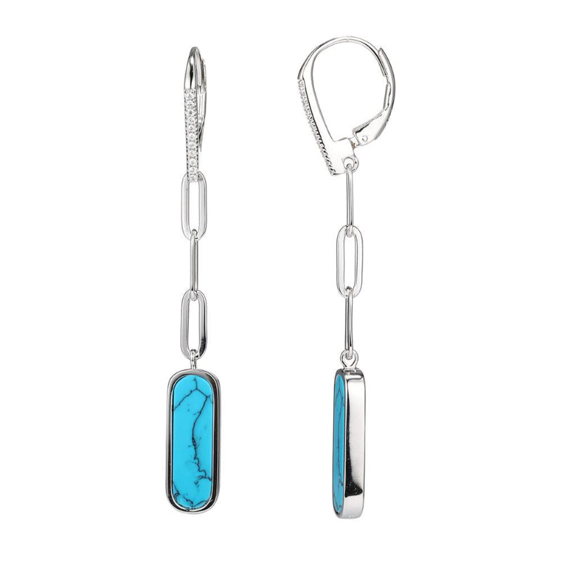 Charles Garnier Sterling Silver Earrings made with Paperclip Chain (3mm) and Synthetic Turquoise (17x5mm) CZ Lever Back Rhodium Finish