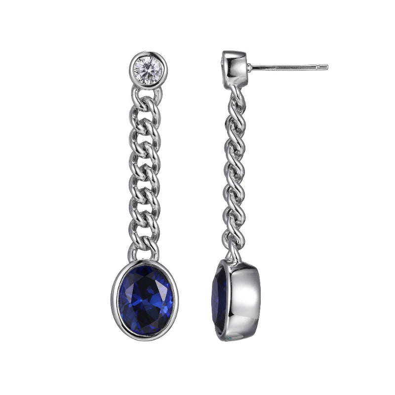 Charles Garnier Sterling Silver Earrings made with Curb Chain (4.7mm) Created Sapphires (OV 1x8mm) and CZ Post Back