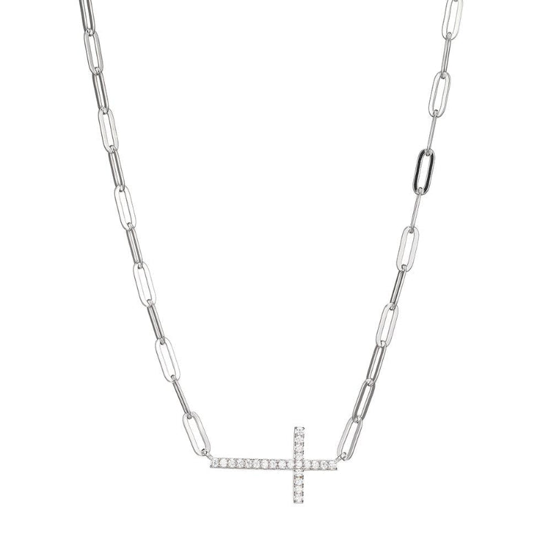 Charles Garnier Sterling Silver Necklace made with Paperclip Chain (3mm) and CZ Cross (25x15mm) in Center
