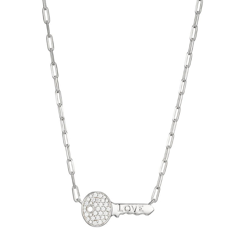 Charles Garnier Sterling Silver Necklace made with Paperclip Chain (2mm) and CZ Love Key (24x12mm) in Center