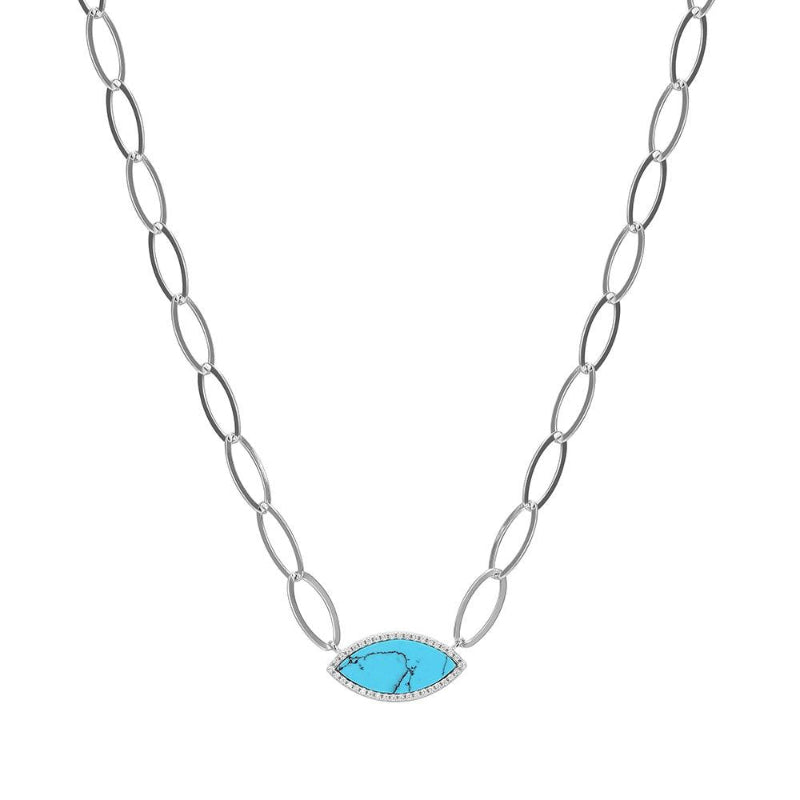 Charles Garnier Sterling Silver Necklace made of Marquise Chain (8mm) and Synthetic Turquoise with CZ (2x9x1mm) in Center