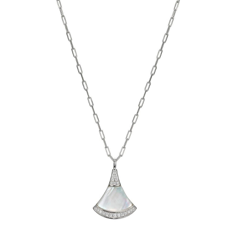 Charles Garnier Sterling Silver Necklace made with Paperclip Chain (2mm) and Fan Shape Mother of Pearl (19x13x2.2mm) with CZ Pendant