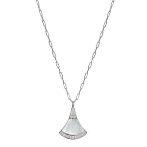 Charles Garnier Sterling Silver Necklace made with Paperclip Chain (2mm) and Fan Shape Mother of Pearl (19x13x2.2mm) with CZ Pendant