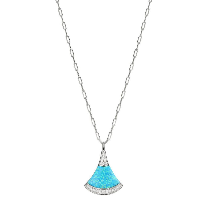 Charles Garnier Sterling Silver Necklace made with Paperclip Chain (2mm) and Fan Shape Synthetic Blue Opal (19x13x2.2mm) with CZ Pendant