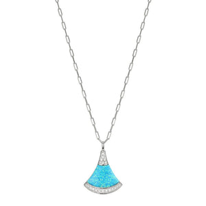 Charles Garnier Sterling Silver Necklace made with Paperclip Chain (2mm) and Fan Shape Synthetic Blue Opal (19x13x2.2mm) with CZ Pendant