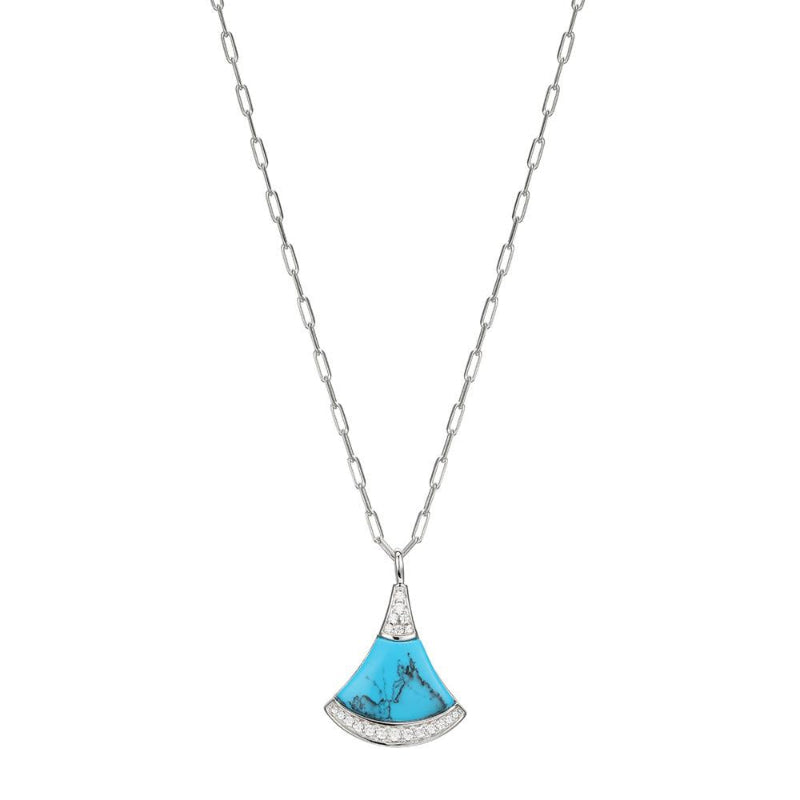 Charles Garnier Sterling Silver Necklace made with Paperclip Chain (2mm) and Fan Shape Synthetic Turquoise (19x13x2.2mm) with CZ Pendant