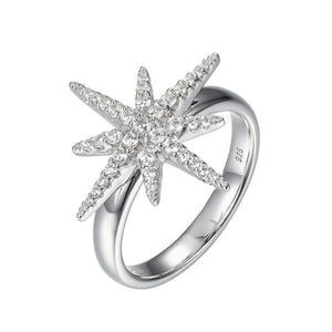 Charles Garnier Sterling Silver Ring with CZ Starburst Motif Size 6 Rhodium Finish